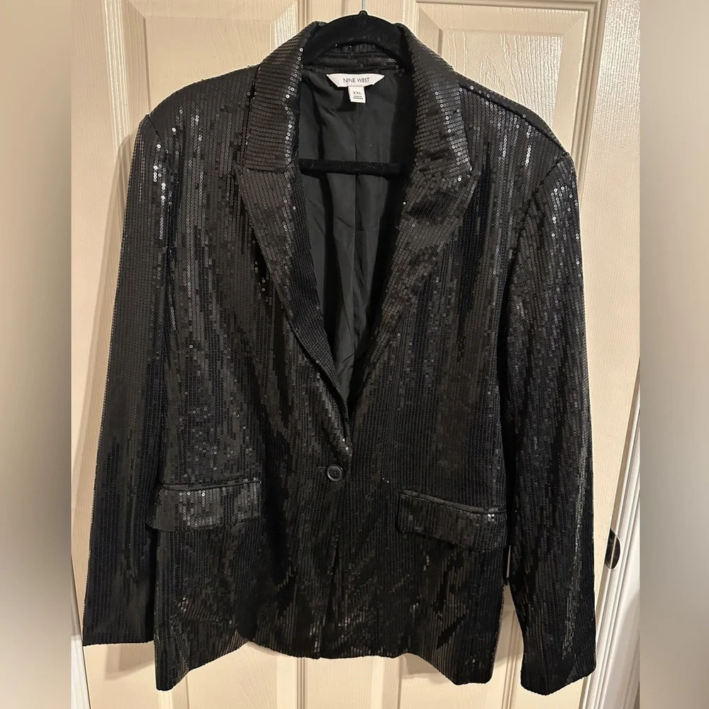 Nine West All Over Sequin One Button Blazer, Black, Sz XXL - Picture 2 of 13